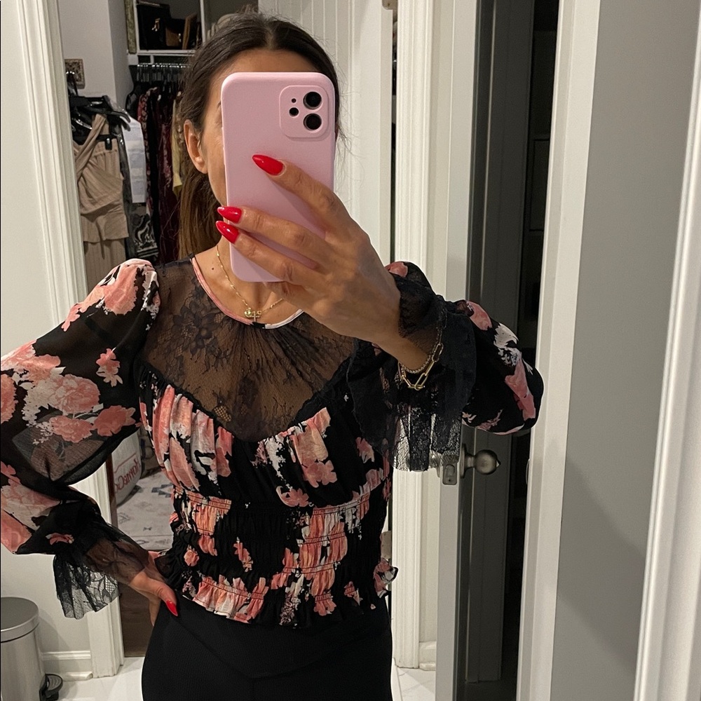 Free People Black and Pink Sheer Ruffled Blouse